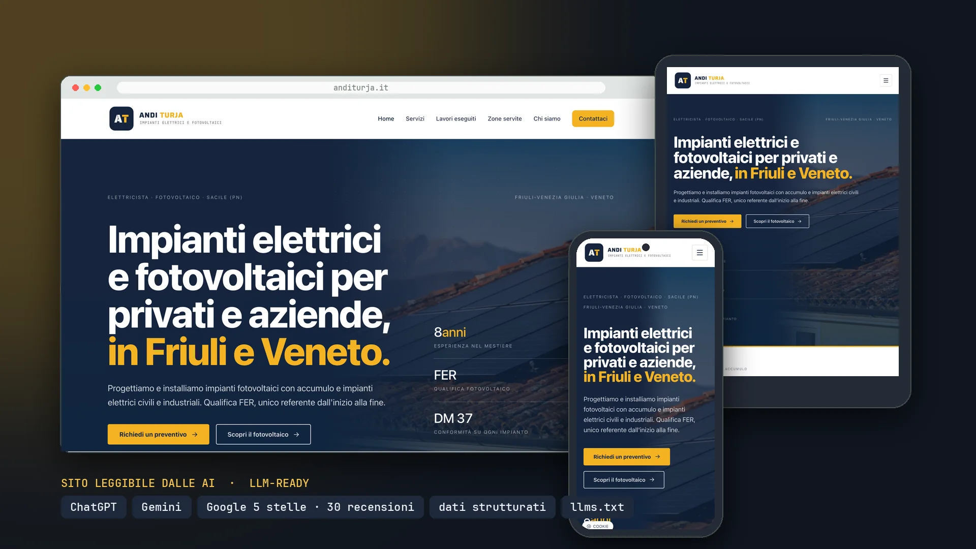 Case study Andi Turja: il sito dell'elettricista di Sacile su desktop, tablet e smartphone, leggibile dalle AI