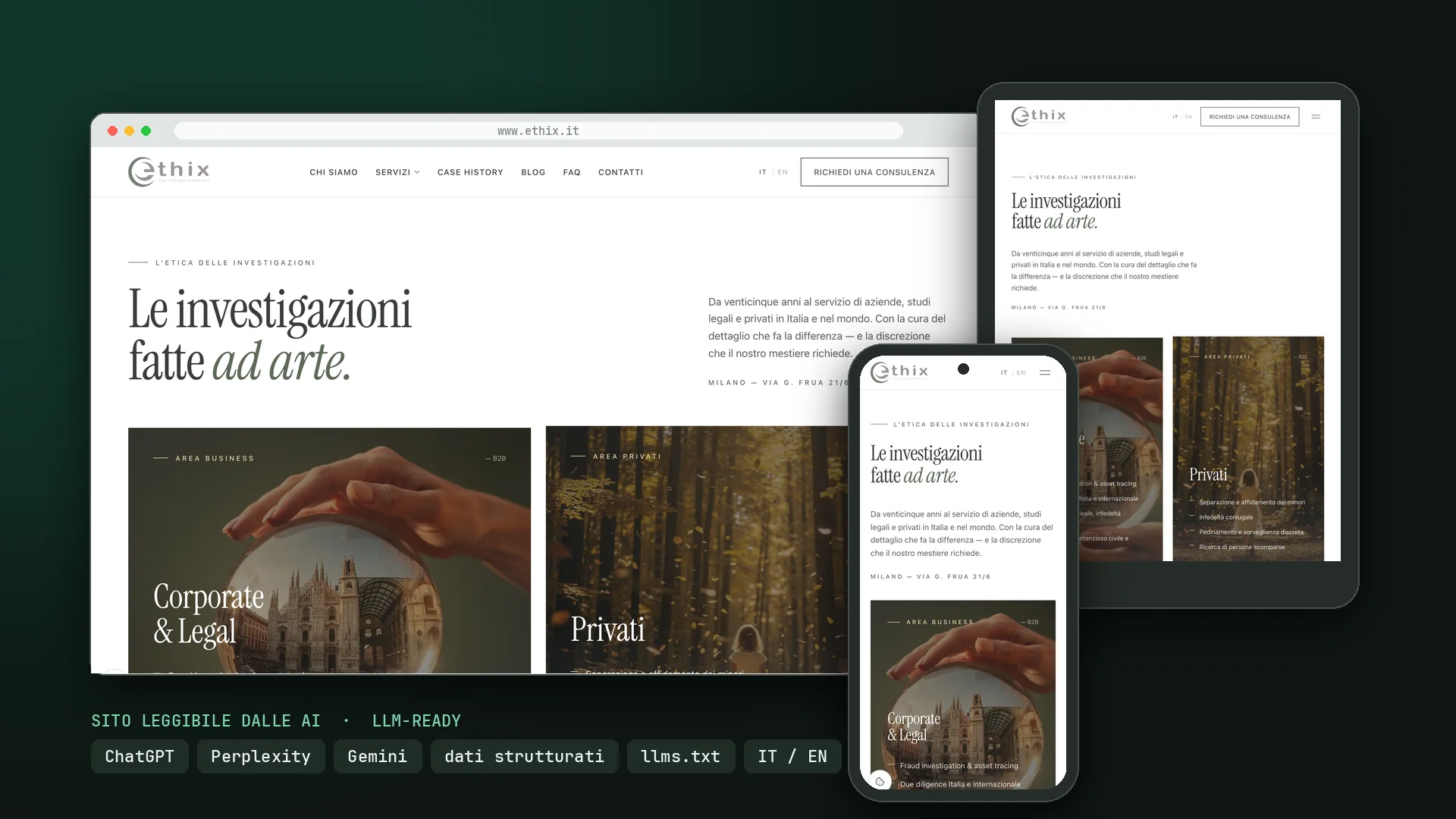 Case study Ethix: il nuovo sito dell'agenzia investigativa di Milano, da zero keyword su Google alla prima citazione nelle risposte AI
